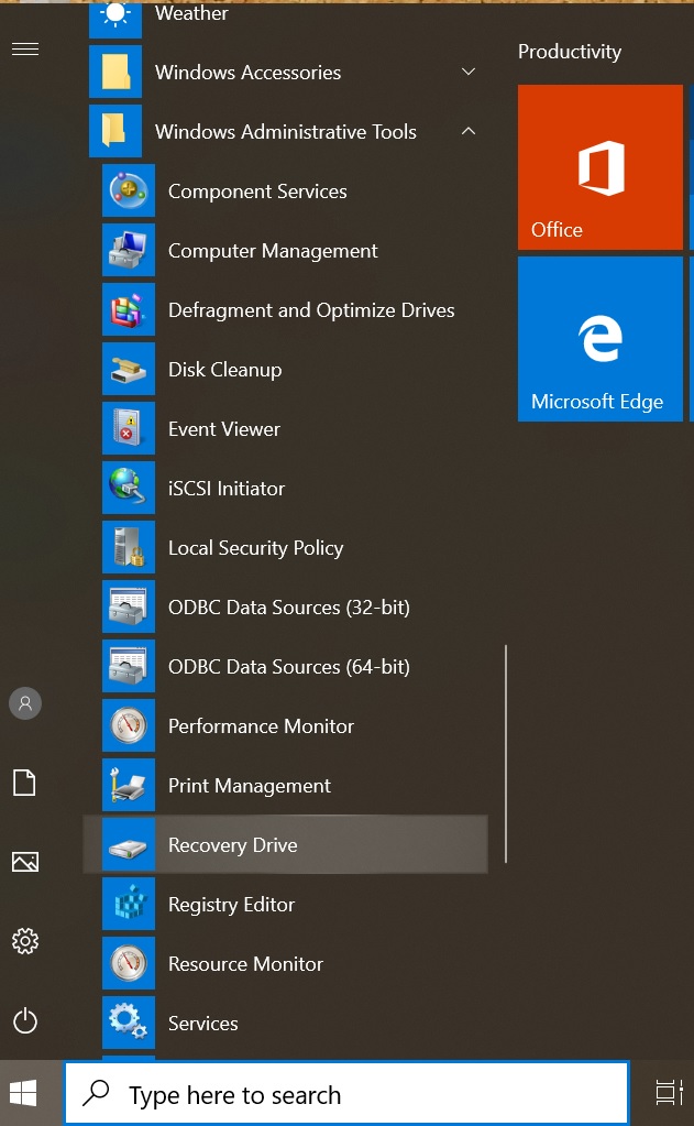 Select "Recovery Drive" in "Windows Administrative Tools".