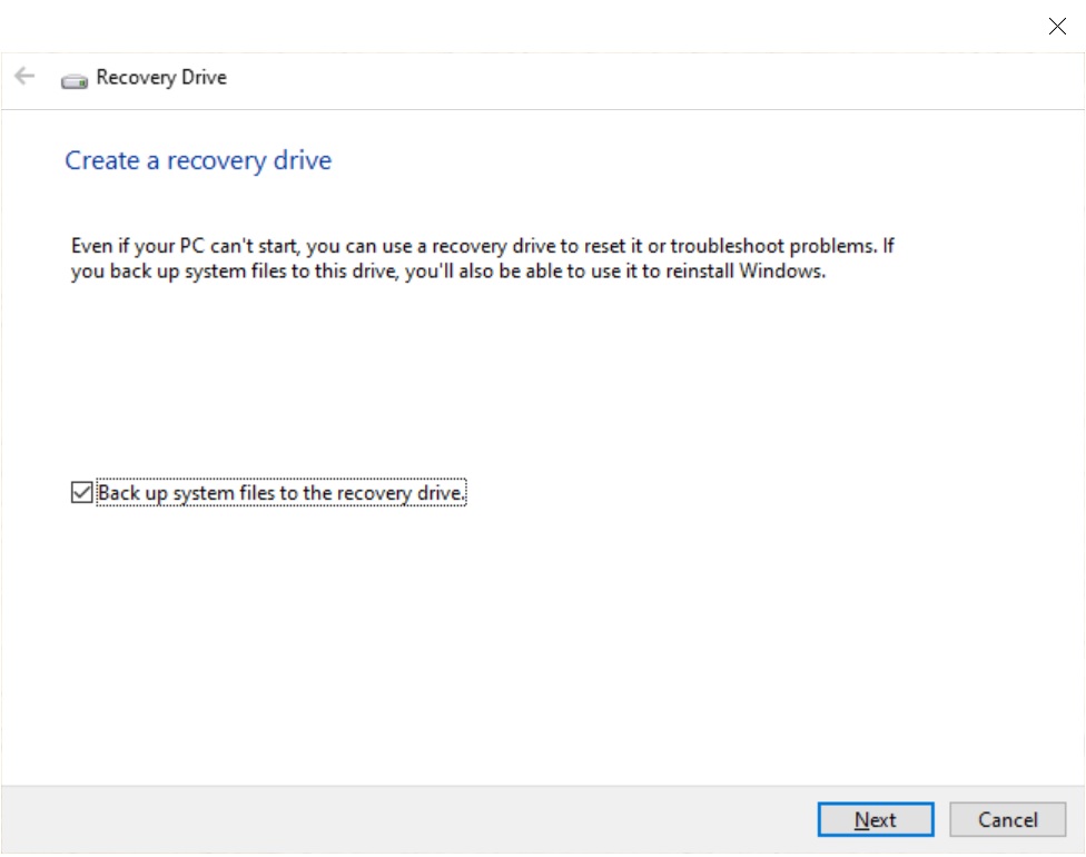 The screen of the "Recovery Drive".